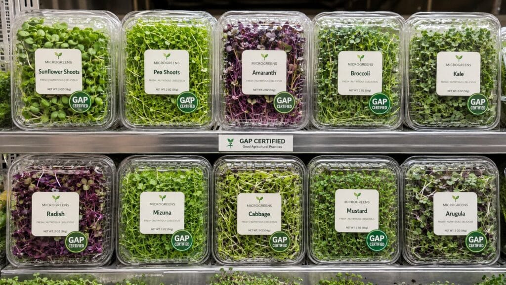 Packaged microgreens in clamshell containers on a wholesale display shelf with a GAP certification label visible on the packaging