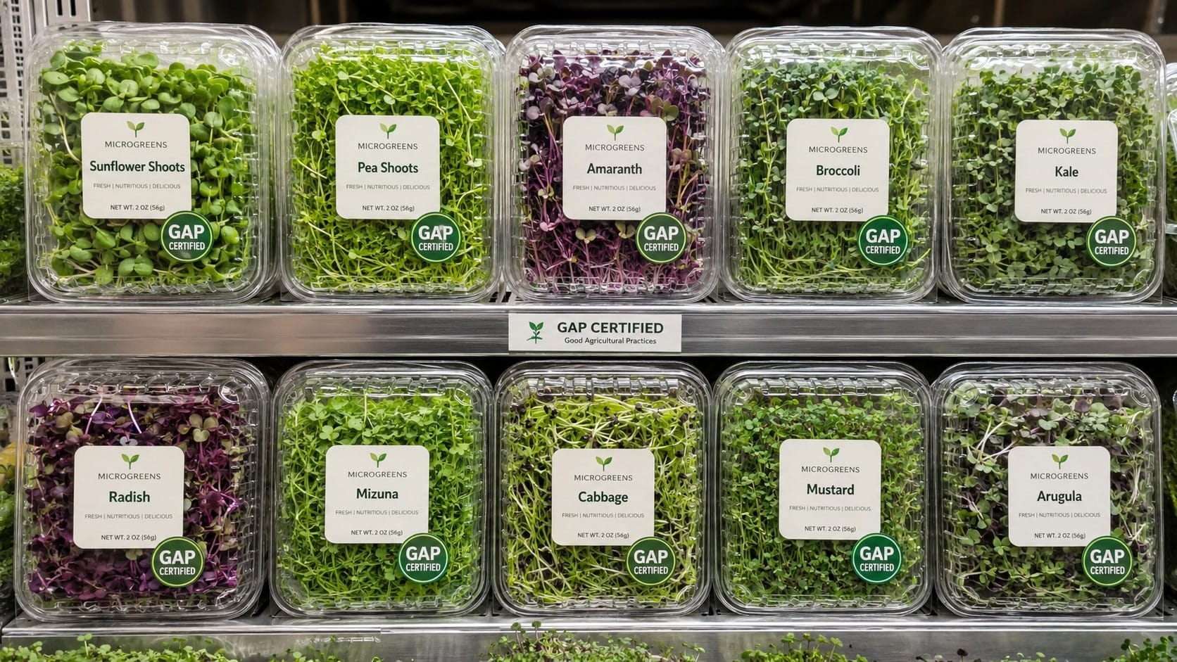 Packaged microgreens in clamshell containers on a wholesale display shelf with a GAP certification label visible on the packaging