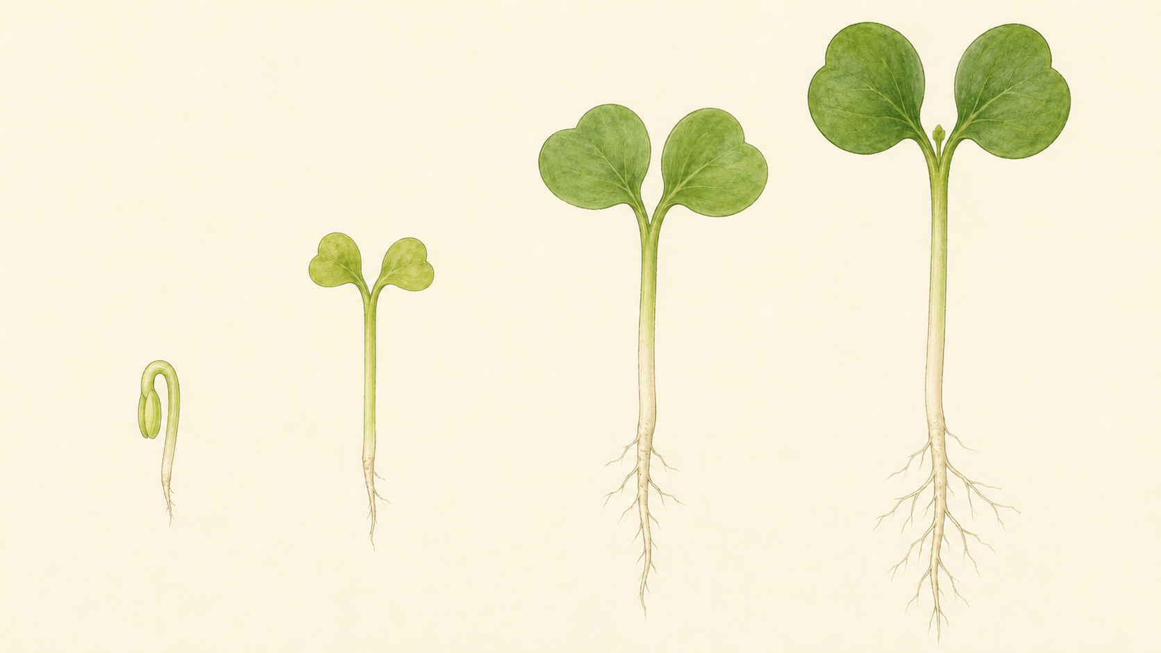 Four broccoli microgreen seedlings in a row, drawn at the same scale, getting taller from left to right. The first is a short hooked stem with the seed leaves still closed. The second has small open seed leaves. The third is taller with fully expanded seed leaves. The fourth is tallest, with a small bud visible between the seed leaves and no true leaf yet open.