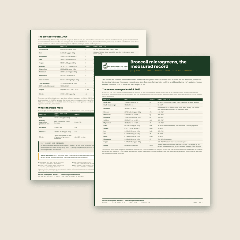 The two pages of the broccoli microgreens data sheet cascaded on a warm beige background, dark title band in front, tables of measured values with statistical letters behind.