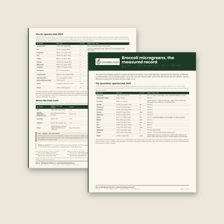 The two pages of the cabbage microgreens data sheet fanned on a warm beige background, a dark green title band on the front page and dense tables behind.