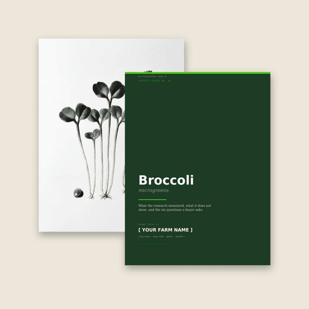 The dark green cover of the Broccoli Variety Guide No. 01 in front of a black ink botanical drawing of broccoli seedlings, on a warm beige background.