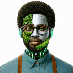 Doc Green, the Microgreens World research assistant, drawn half as leaves and half as machine