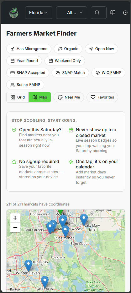 Screenshot of the Microgreens World Market Finder showing filter buttons for Has Microgreens, SNAP Accepted, SNAP Match, WIC FMNP and Senior FMNP, above a pin map of farmers markets near Orlando and Kissimmee, Florida.