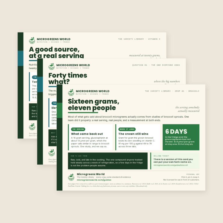 Three postcards fanned out, the broccoli card in front showing its headline, its two evidence panels and the six day stat tile.