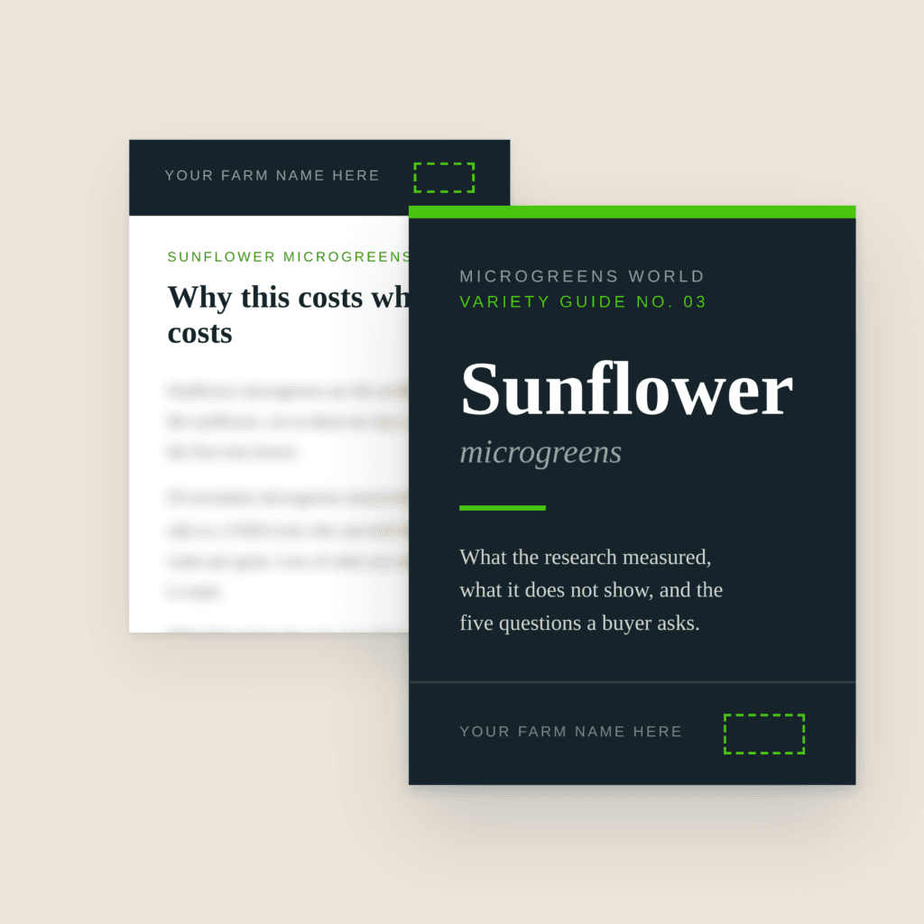 Three Microgreens World branded sunflower sheets overlapping on a warm background, the price sheet in front, all carrying Microgreens World branding and no farm slots.
