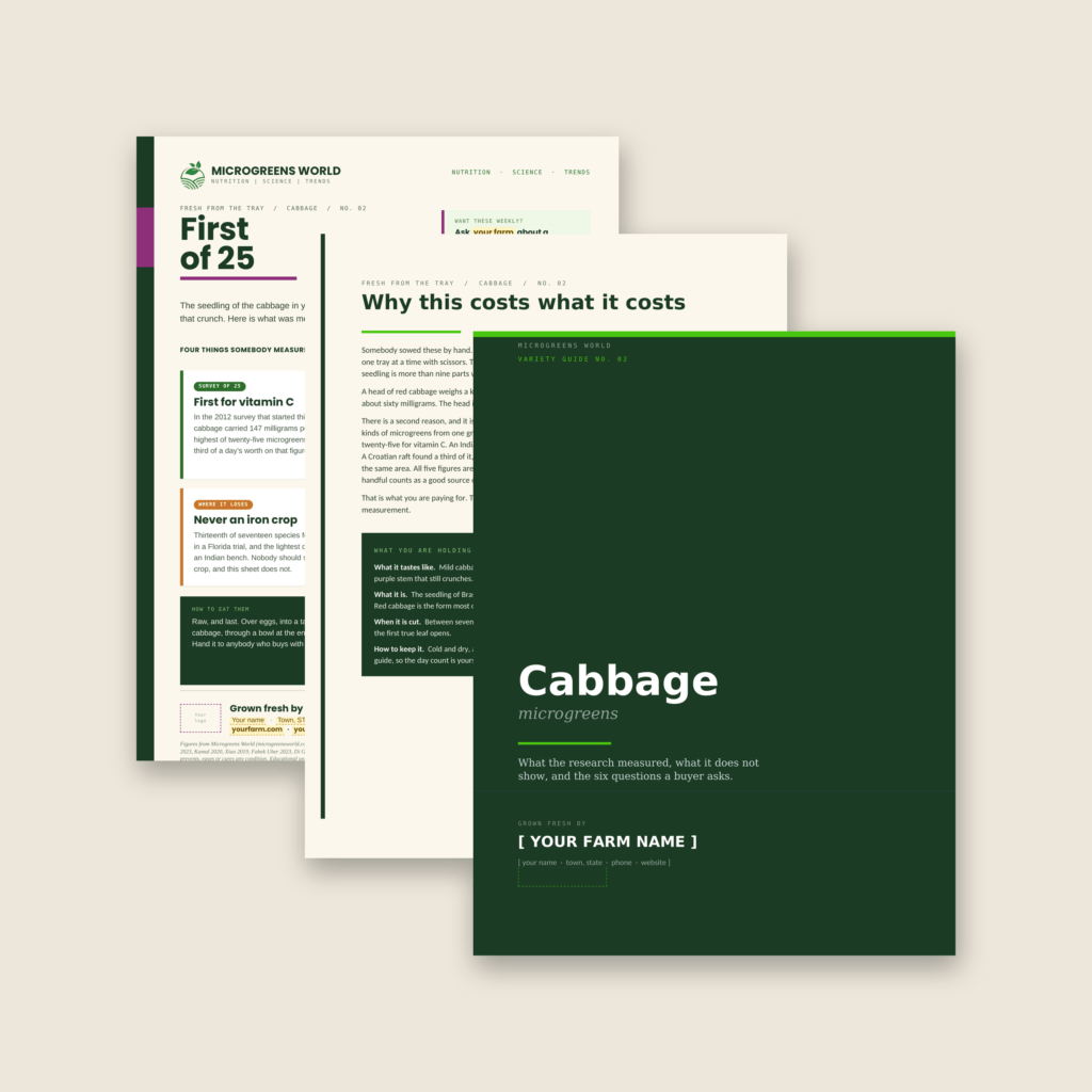 The dark green cover of the Cabbage Variety Guide No. 02 in front of its cream first page, two documents fanned on a warm beige background.