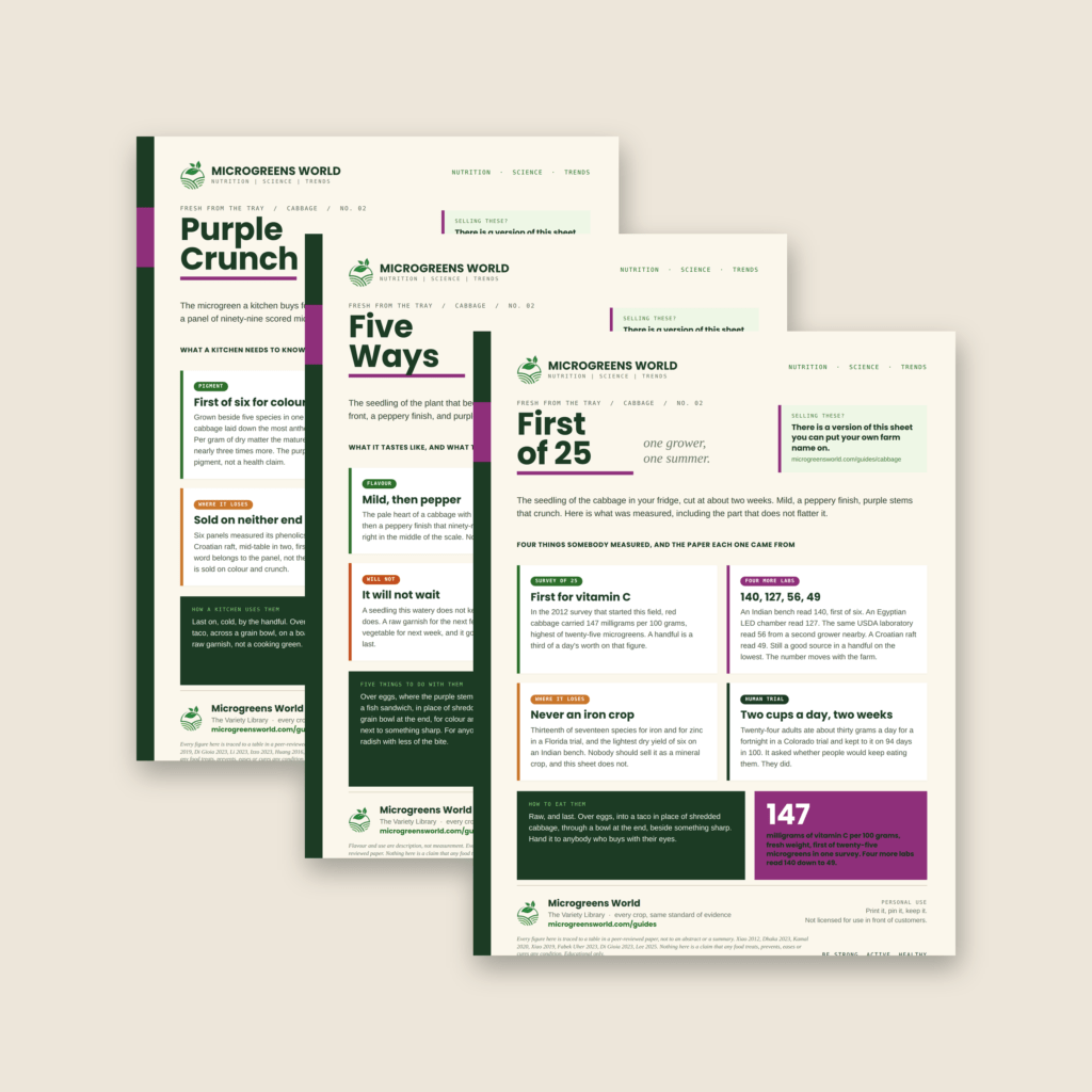 Four cream sheets and a purple-accented taste card fanned on a warm beige background, each headed Microgreens World.