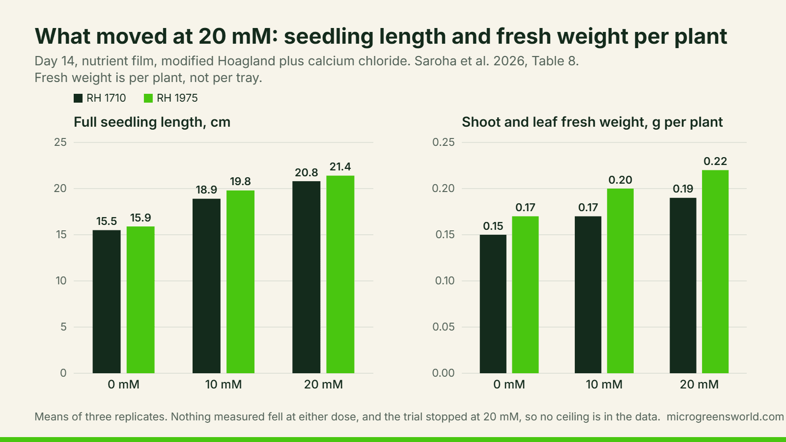 Two bar charts of mustard microgreens at 0, 10 and 20 mM calcium chloride: seedling length rising from 15.5 to 20.8 cm and 15.9 to 21.4 cm, and fresh weight per plant from 0.15 to 0.19 g and 0.17 to 0.22 g, in two genotypes