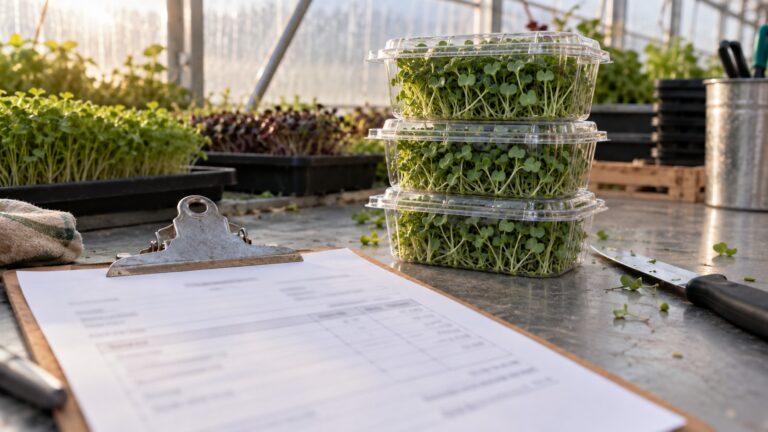 A printed delivery invoice on a clipboard on a grower's packing bench, with stacked clamshells of cut microgreens behind it.
