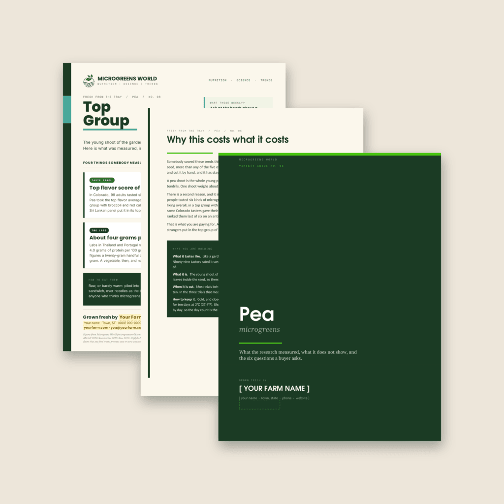 The dark green cover of the Pea Variety Guide No. 06 in front of its cream opening page and the price sheet, three documents fanned on a warm beige background.