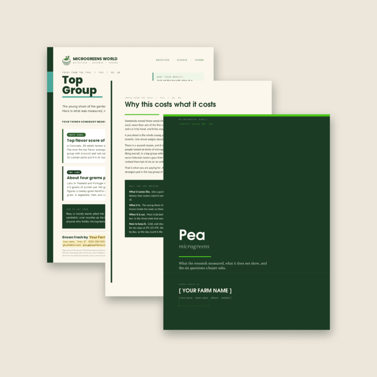 The dark green cover of the Pea Variety Guide No. 06 in front of its cream opening page and the price sheet, three documents fanned on a warm beige background.