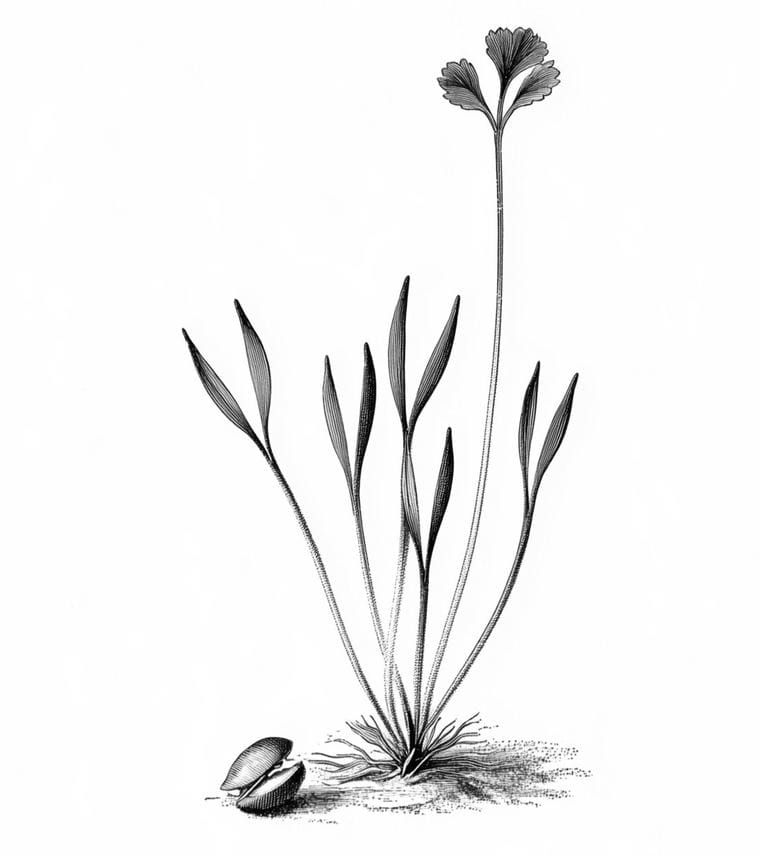 Plate No. 05: cilantro microgreens, ink engraving. Narrow paired cotyledons, one parsley-lobed true leaf, split coriander husk.