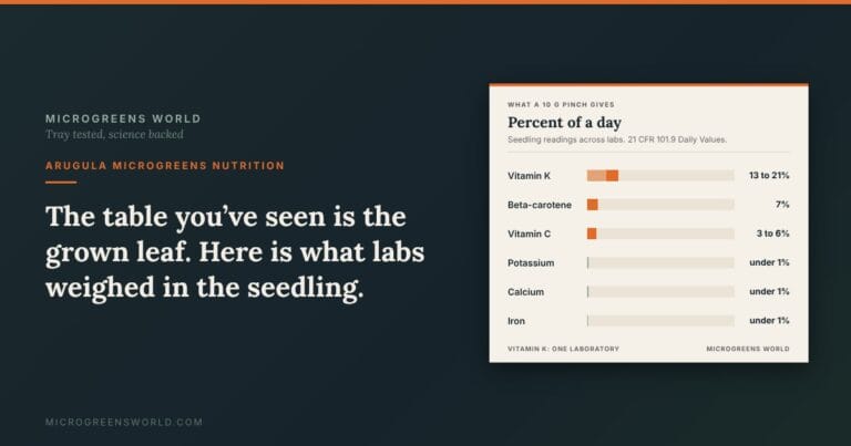 Bar chart of what a 10 g pinch of arugula microgreens gives as a percent of the Daily Value: vitamin K 13 to 21 percent, beta-carotene 7 percent, vitamin C 3 to 6 percent, potassium, calcium and iron each under 1 percent.