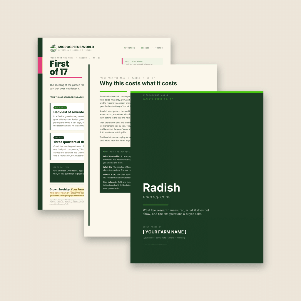 The dark green cover of the Radish Variety Guide No. 07 in front of its cream opening page and the First of 17 price sheet, three documents fanned on a warm beige background.